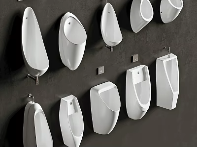 Ceramic White Urinals Mounted On Dark Colored Wall In Multiple Units 3d model