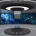 Futuristic Interior With Starry Sky Background Floor To Ceiling Windows And Central Circular Device 3d model