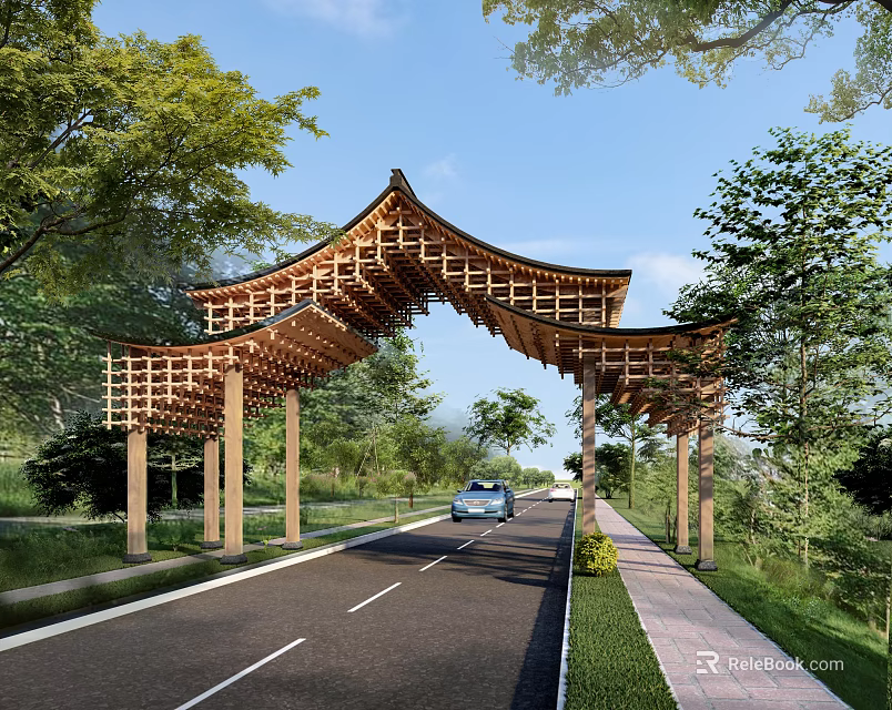 Traditional Wooden Chinese Paifang Archway Over Road With Green Trees And Blue Sky 3d model 