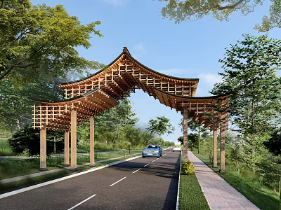 Traditional Wooden Chinese Paifang Archway Over Road With Green Trees And Blue Sky 3d model