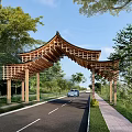 Traditional Wooden Chinese Paifang Archway Over Road With Green Trees And Blue Sky