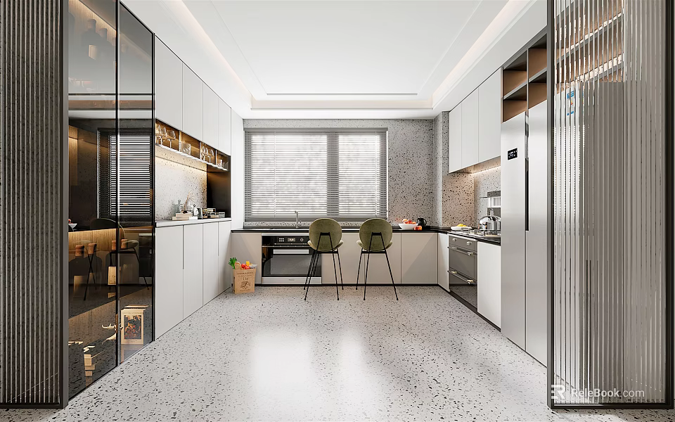 Modern Kitchen Interior With White Cabinets Window Two Green Chairs And Appliances 3d model 