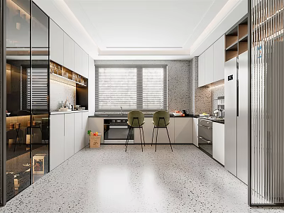 Modern Kitchen Interior With White Cabinets Window Two Green Chairs And Appliances 3d model
