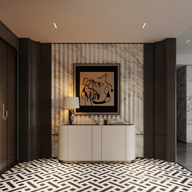 Elegant Modern Entryway Console Cabinet With Side Cabinet Marble Wall And Table Lamp 3d model