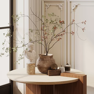 Terracotta Vase With Green Branches And Red Berries On Round Table With White Statue 3d model