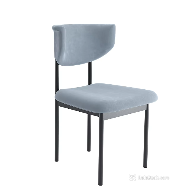 Light Blue Velvet Upholstered Modern Dining Chair With Curved Backrest And Black Metal Legs 3d model 