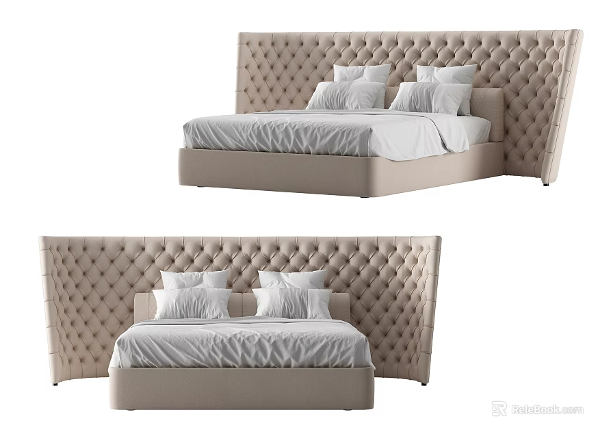 Elegant Modern Double Bed with Tufted Beige Headboard and White Bedding 3d model