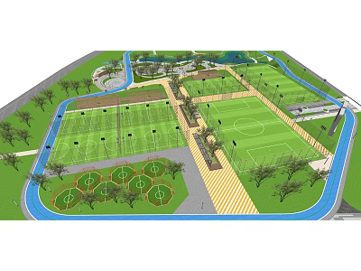 Multiple Soccer Fields Surrounded by Trees Green Areas Running Tracks and Paths in Park Design 3d model