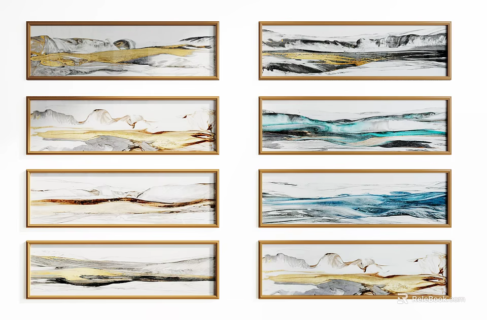 Abstract Landscape Wall Art With Gold Frames And Various Color Tones 3d model