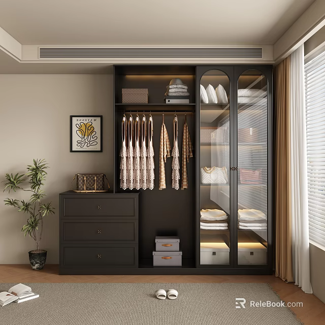 Modern Dark Wardrobe with Glass Doors Built-in Lighting Hanging Clothes and Folded Linen Drawer Chest 3d model 