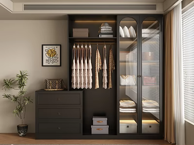 Modern Dark Wardrobe with Glass Doors Built-in Lighting Hanging Clothes and Folded Linen Drawer Chest 3d model