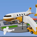 Toy Plane on Tarmac with Boarding Bridge Ground Service Vehicle Control Tower and Blue Sky