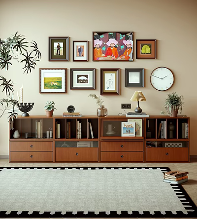 Wooden Decorative Cabinet with Books Decorative Items Above Wall Framed Paintings Clock and Potted Plants 3d model