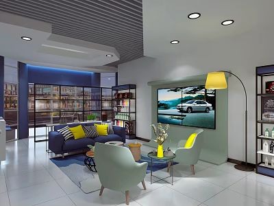 Modern Living Room With Blue Sofa Yellow Cushions Floor Lamp TV And Bookshelves 3d model