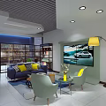 Modern Living Room With Blue Sofa Yellow Cushions Floor Lamp TV And Bookshelves