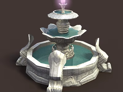 Multi Tiered Garden Fountain With Stone Carved Dolphin Statues And Decorative Light 3d model