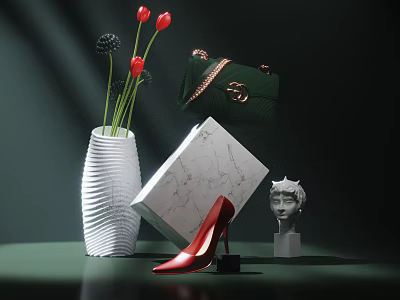 Stylish Green Handbag Display With Marble Box Red High Heels White Vase And Statue 3d model