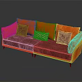 Modern Two Seater Sofa Interior With Orange Frame Burgundy Seat Three Cushions And Patterned Center