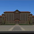 Symmetrical School Building Exterior With Reddish Brown Roof Large Glass Windows And Front Lawn Pathway
