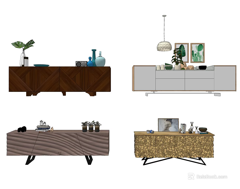 Various Modern TV Stand Styles With Decorative Plants Vases And Frames 3d model