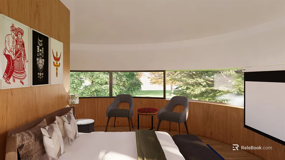 Cozy Hotel Room With Wooden Walls Curved Ceiling Large Windows And Green Trees View 3d model 