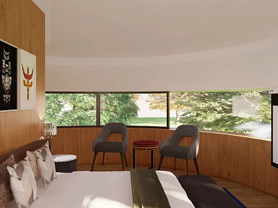 Cozy Hotel Room With Wooden Walls Curved Ceiling Large Windows And Green Trees View 3d model