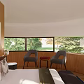 Cozy Hotel Room With Wooden Walls Curved Ceiling Large Windows And Green Trees View