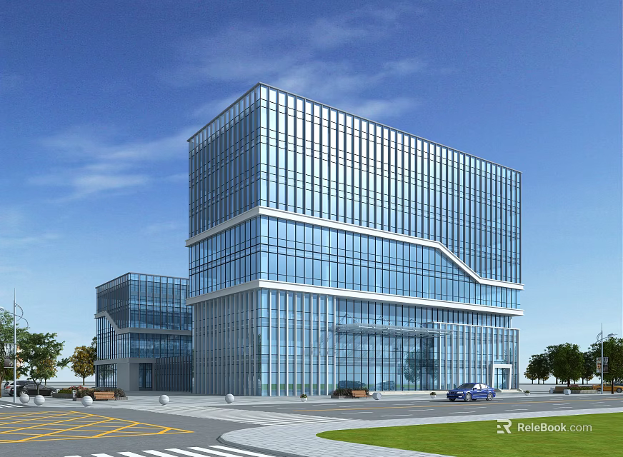 Modern Office Building with Glass Curtain Wall and Surrounding Lawn Near Road with Parked Vehicles 3d model 