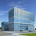 Modern Office Building with Glass Curtain Wall and Surrounding Lawn Near Road with Parked Vehicles