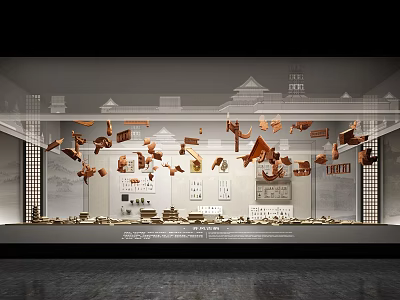Contemporary Exhibition Installation With Suspended Metal Pieces Architectural Models And Text Elements 3d model