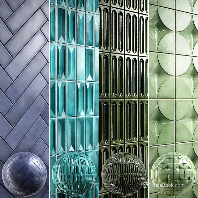 Decorative Wall Components With Geometric Textures And Spherical Accents In Blue Green Gray 3d model