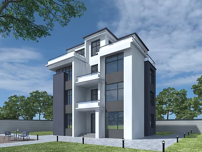 Modern Detached Villa Exterior Design With Multi Story Structure Lush Greenery And Outdoor Patio 3d model