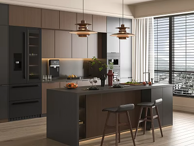 Modern Restaurant Kitchen Interior With Dark Cabinets Island Counter Coffee Machine Pendant Lights And Stools 3d model