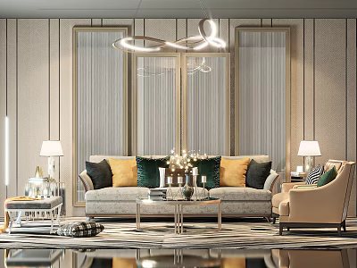 Elegant Modern Sofa Coffee Table Set With Decorative Pillows Armchair And Hanging Chandelier 3d model