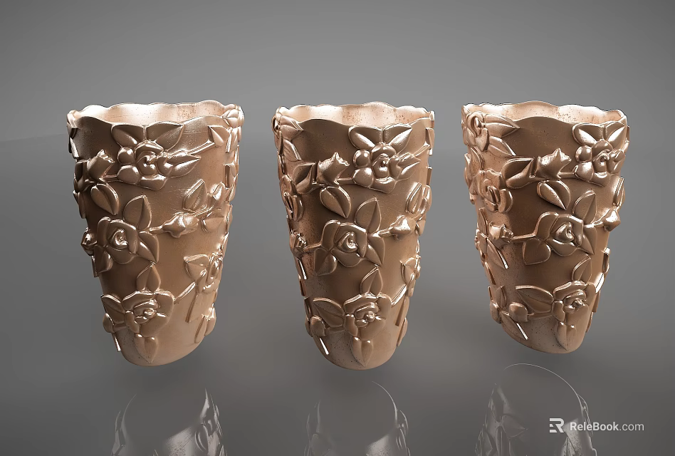 Elegant Golden Decorative Ornament Set with Three Vases and Carved Floral Patterns 3d model 