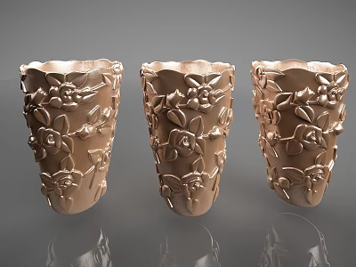Elegant Golden Decorative Ornament Set with Three Vases and Carved Floral Patterns 3d model