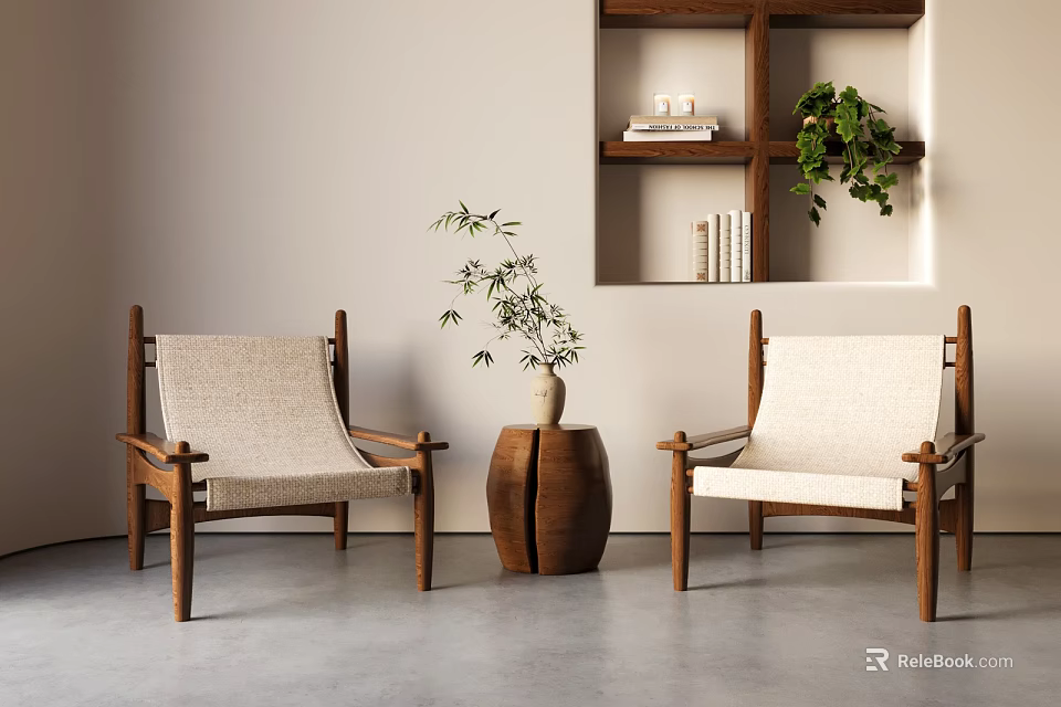 Modern Lounge Chairs With Wooden Frame And Fabric Cushion Near Decorative Vase And Plant Shelves 3d model 