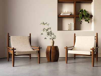 Modern Lounge Chairs With Wooden Frame And Fabric Cushion Near Decorative Vase And Plant Shelves 3d model