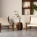 Modern Lounge Chairs With Wooden Frame And Fabric Cushion Near Decorative Vase And Plant Shelves
