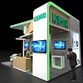 USHIO Exhibition Booth Modern Design With Digital Screens Wooden Panels And Visitor Engagement