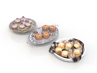 Delicious Assorted Desserts Including Cupcakes Pastries And Muffins On Decorative Plates 3d model