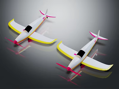 Two White Passenger Plane Models With Yellow Edges Pink Tails And Propellers On Gray Background 3d model