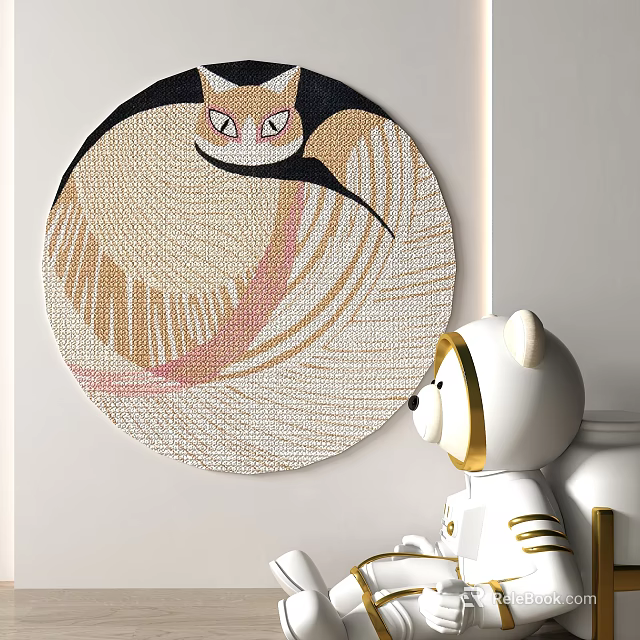 Beige Round Carpet With Fox Pattern And White Bear Toy For Home Decor 3d model 