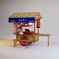 Traditional Japanese Food Cart With Bamboo Structure Blue Awning Japanese Signs And Red Wheels