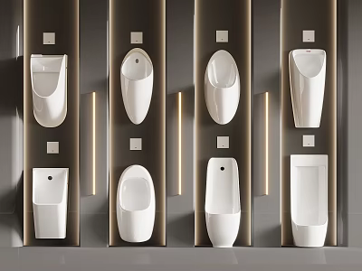 Multiple White Urinals Arrangement On Dark Wall With Modern Lighting And Sleek Design 3d model