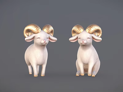 Two White Sheep Dolls With Golden Curved Horns Standing And Sitting On Gray Background 3d model