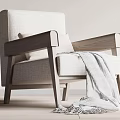 Modern Accent Chair With Wooden Armrests And Fabric Seat With Thrown Blanket