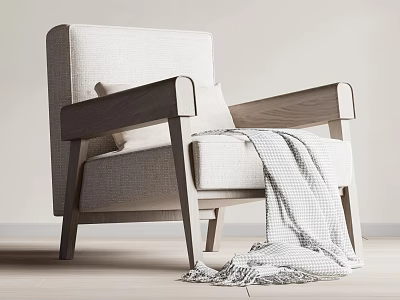 Modern Accent Chair With Wooden Armrests And Fabric Seat With Thrown Blanket 3d model