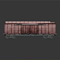 Red Train Car Model With Striped Roof Black Door Wheels And Reflective Gray Background
