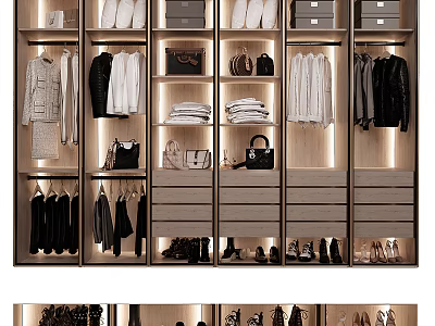 Modern Closet Interior With Hanging Clothes Folded Garments Shoes Bags And Drawers 3d model